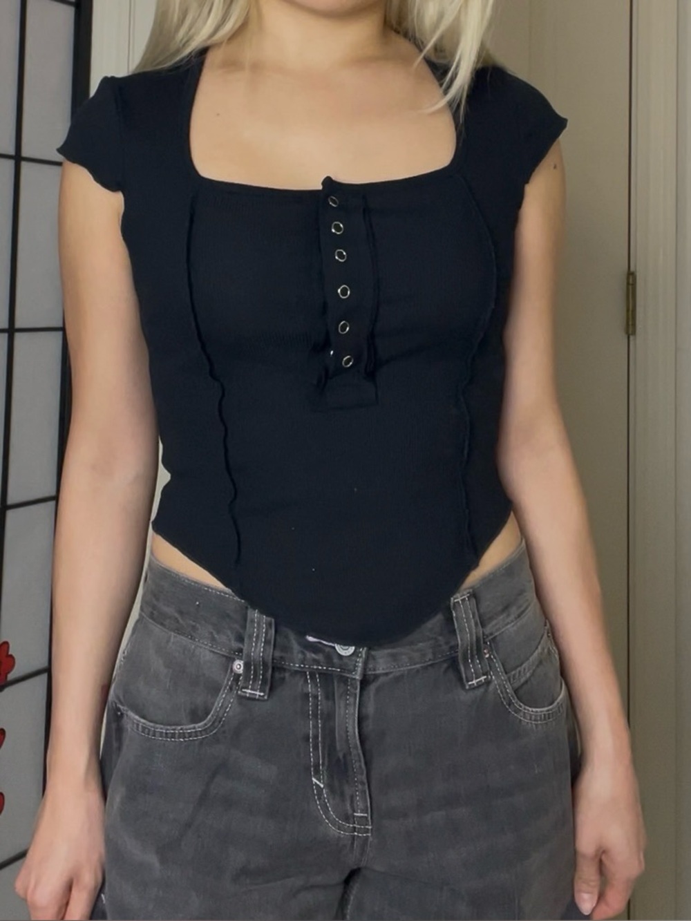Black Contrast-Stitching Button-Up Short-Sleeve Cropped Blouse Top